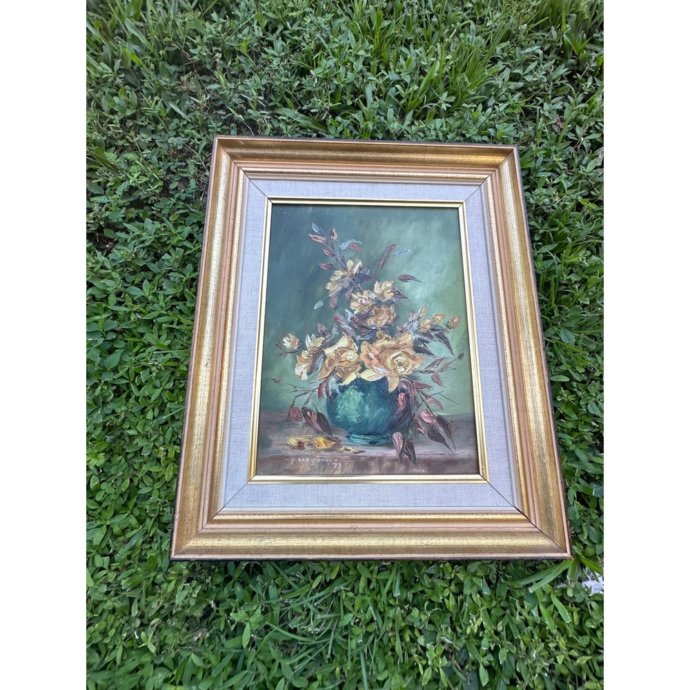 Vintage 1973 G Van Gundy Signed Oil Painting Yellow Roses Floral Still Life Art